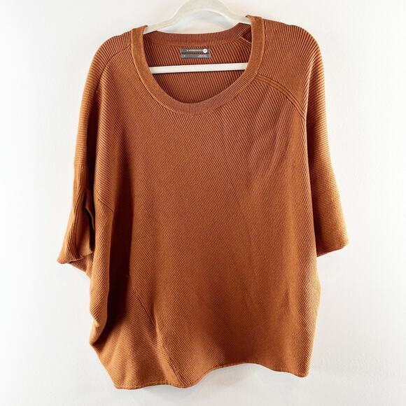 Anthropologie Vanessa Ribbed Knit Poncho Short Sleeve Sweater Rust Brown Medium - Picture 2 of 6
